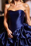 Navy Satin Sweetheart Short A Line Prom Dress with Ruffles
