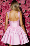 Pink Satin Corset A Line Short Prom Dress with Bow