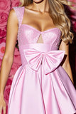 Pink Satin Corset A Line Short Prom Dress with Bow