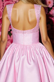 Pink Satin Corset A Line Short Prom Dress with Bow
