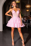 Pink Corset Tulle Tiered Short A Line Prom Dress with Ruffles