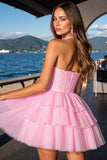 Pink Corset Tulle Tiered Short A Line Prom Dress with Ruffles