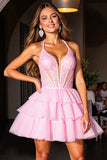 Pink Corset Tulle Tiered Short A Line Prom Dress with Ruffles