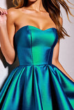 Metallic Dark Green Corset A Line Short Satin Prom Dress