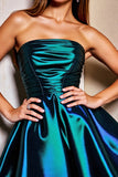 Dark Blue Strapless Corset Short A Line Metallic Prom Dress