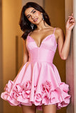 Pink Satin A Line Corset Short Prom Dress with Flowers