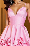 Pink Satin A Line Corset Short Prom Dress with Flowers