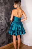 Dark Blue Strapless Corset A Line Short Metallic Prom Dress