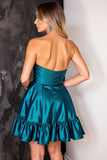 Dark Blue Strapless Corset A Line Short Metallic Prom Dress