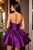 Sparkly Dark Purple Sequin A Line Halter Backless Short Prom Dress