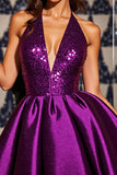 Sparkly Dark Purple Sequin A Line Halter Backless Short Prom Dress