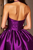 Sparkly Dark Purple Sequin A Line Halter Backless Short Prom Dress
