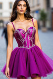 Sparkly Dark Purple Tulle Corset Short A Line Prom Dress with Beading