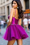 Sparkly Dark Purple Tulle Corset Short A Line Prom Dress with Beading
