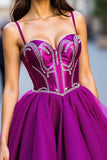 Sparkly Dark Purple Tulle Corset Short A Line Prom Dress with Beading