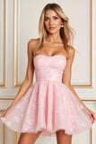 Pink Corset Strapless Appliqued Short A Line Tulle Prom Dress
