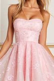 Pink Corset Strapless Appliqued Short A Line Tulle Prom Dress
