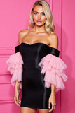 Black and Pink Satin Off the Shoulder Short Prom Dress with Sleeves