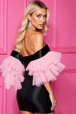 Black and Pink Satin Off the Shoulder Short Prom Dress with Sleeves
