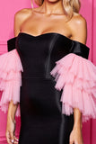 Black and Pink Satin Off the Shoulder Short Prom Dress with Sleeves