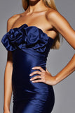 Navy Satin Bodycon Strapless Mini Prom Dress with Ruffles