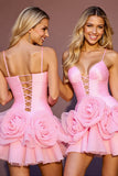 Princess Pink A Line Tulle Short Prom Dress with 3D Flowers