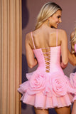 Princess Pink A Line Tulle Short Prom Dress with 3D Flowers