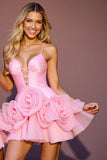 Princess Pink A Line Tulle Short Prom Dress with 3D Flowers