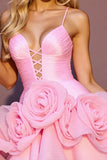 Princess Pink A Line Tulle Short Prom Dress with 3D Flowers