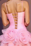 Princess Pink A Line Tulle Short Prom Dress with 3D Flowers