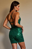 Sparkly Dark Green Tight Sequined Mini Prom Dress with Criss Cross Back