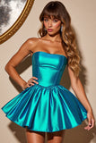 Metallic Blue Corset A Line Strapless Short Prom Dress