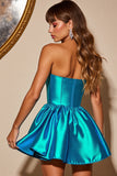 Metallic Blue Corset A Line Strapless Short Prom Dress