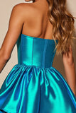 Metallic Blue Corset A Line Strapless Short Prom Dress