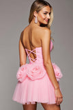 Pink Corset A Line 3D Flowers Tulle Short Prom Dress