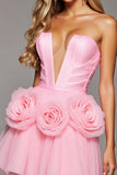 Pink Corset A Line 3D Flowers Tulle Short Prom Dress