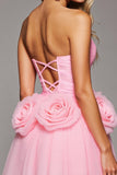 Pink Corset A Line 3D Flowers Tulle Short Prom Dress
