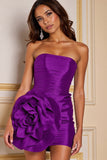 Dark Purple Floral Bodycon Strapless Short Satin Prom Dress