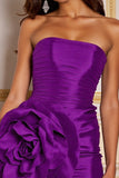 Dark Purple Floral Bodycon Strapless Short Satin Prom Dress