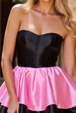 Black and Pink Corset Strapless A Line Satin Short Prom Dress