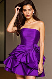 Dark Purple Floral Ruched Short Satin Prom Dress with Ruffles