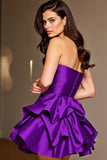 Dark Purple Floral Ruched Short Satin Prom Dress with Ruffles