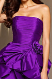 Dark Purple Floral Ruched Short Satin Prom Dress with Ruffles