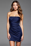Simple Navy Satin Bodycon Strapless Mini Prom Dress