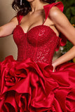 Sparkly Red Corset Sequins Short Prom Dress with Ruffles