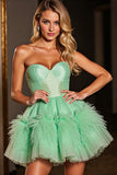 Green Corset Sweetheart A Line Short Prom Dress with Feathers