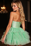 Green Corset Sweetheart A Line Short Prom Dress with Feathers
