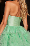 Green Corset Sweetheart A Line Short Prom Dress with Feathers