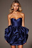 Navy Sweetheart Satin A Line Corset Short Prom Dress with Ruffles