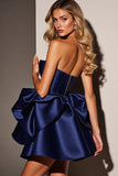 Navy Sweetheart Satin A Line Corset Short Prom Dress with Ruffles